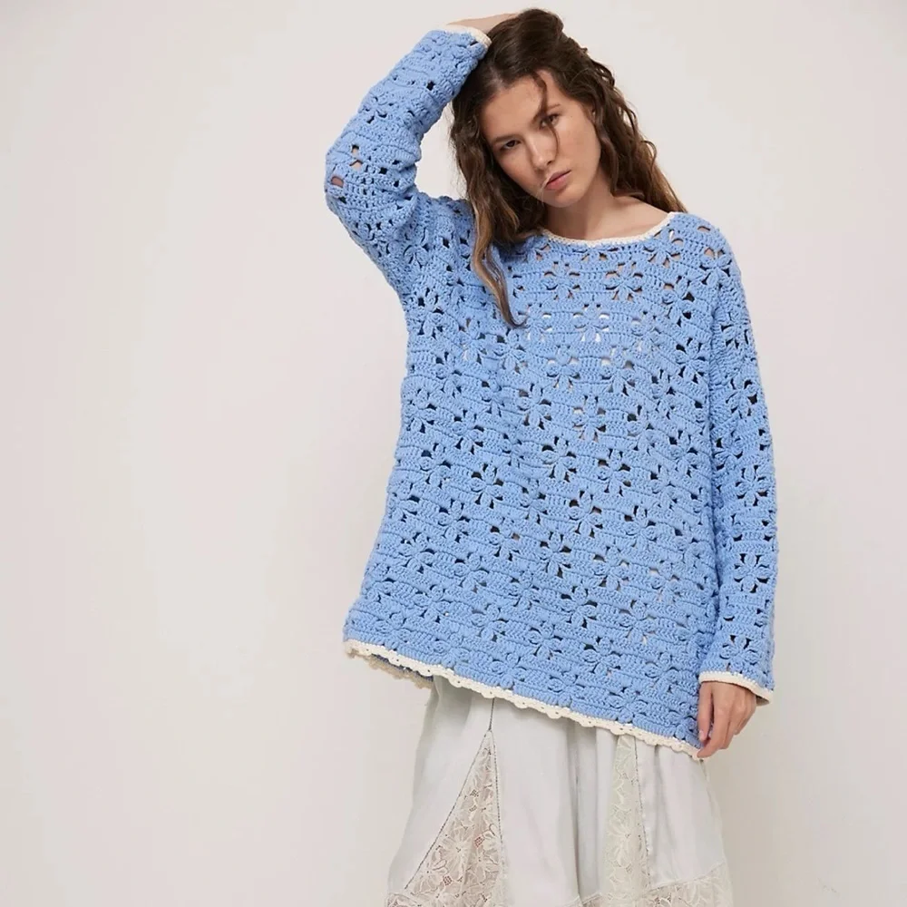 New Free People Crochet Knit Tunic Sweater Blue Floral XS